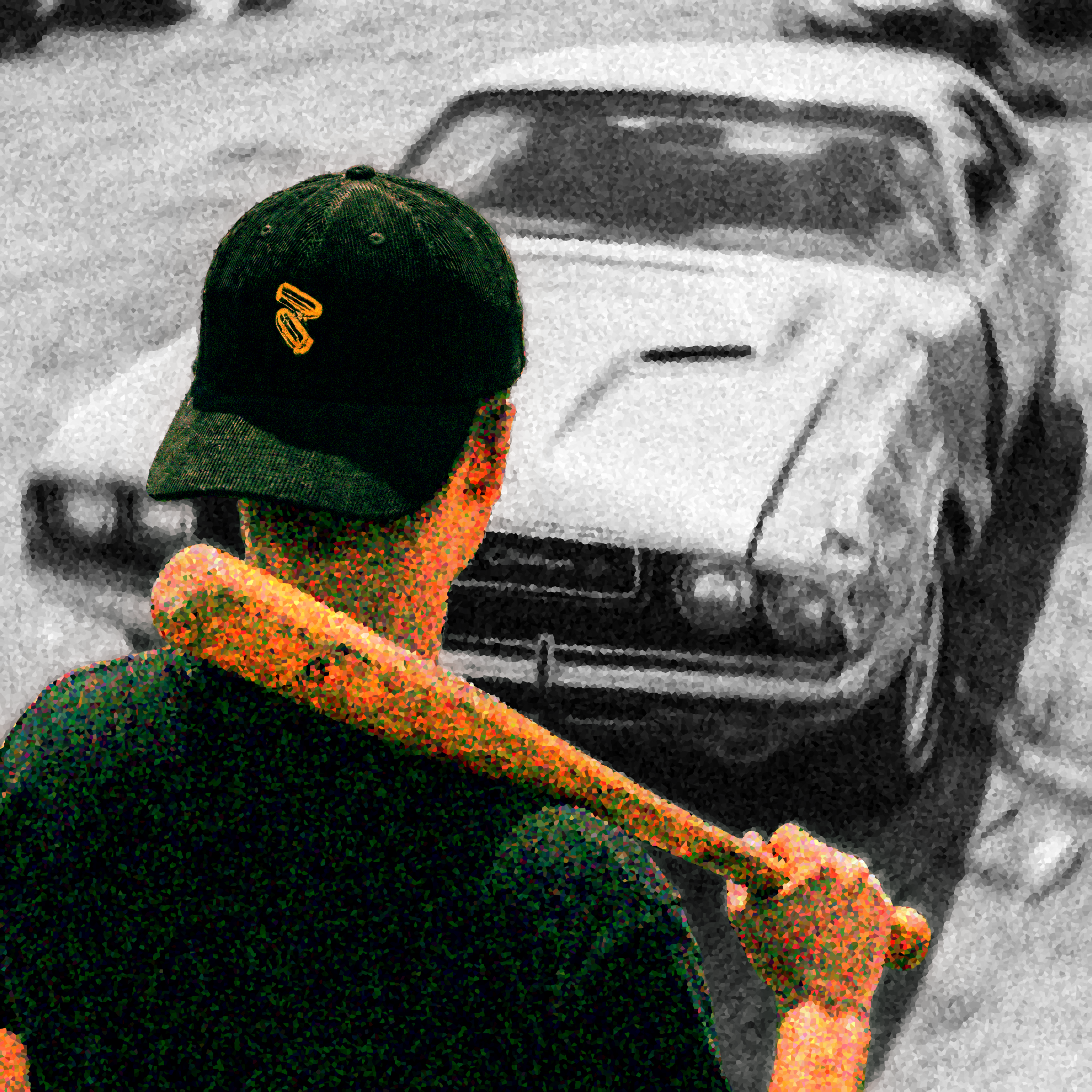 Person wearing a black cap with two yellow bullet casings logo on a background of a person with a baseball bat facing a beaten up vintage classic mucle car dodge challenger.