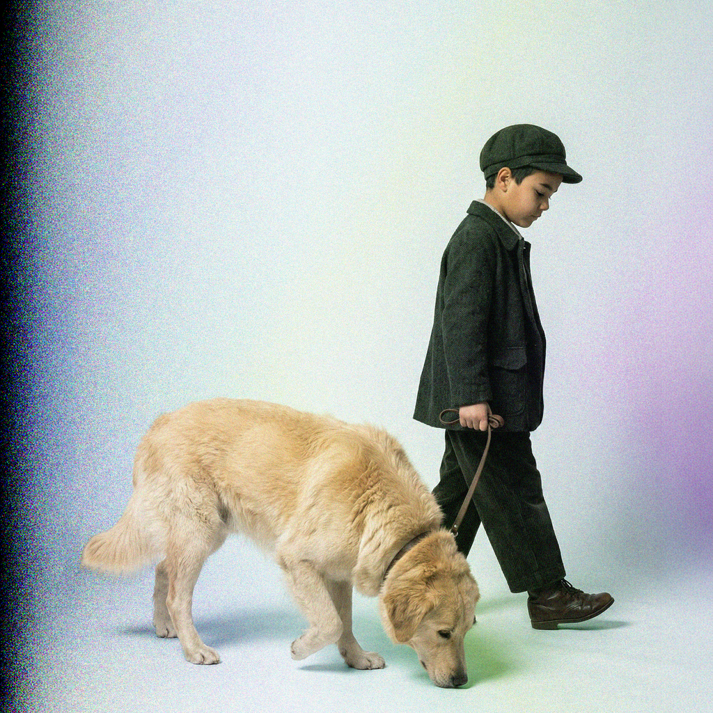 Child walking a dog on a leash against a gradient background