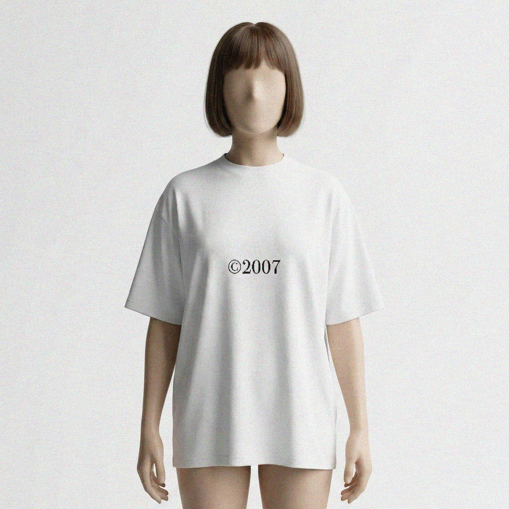 Female mannequin wearing a white t-shirt with a logo that reads: "@2007" text on a white background