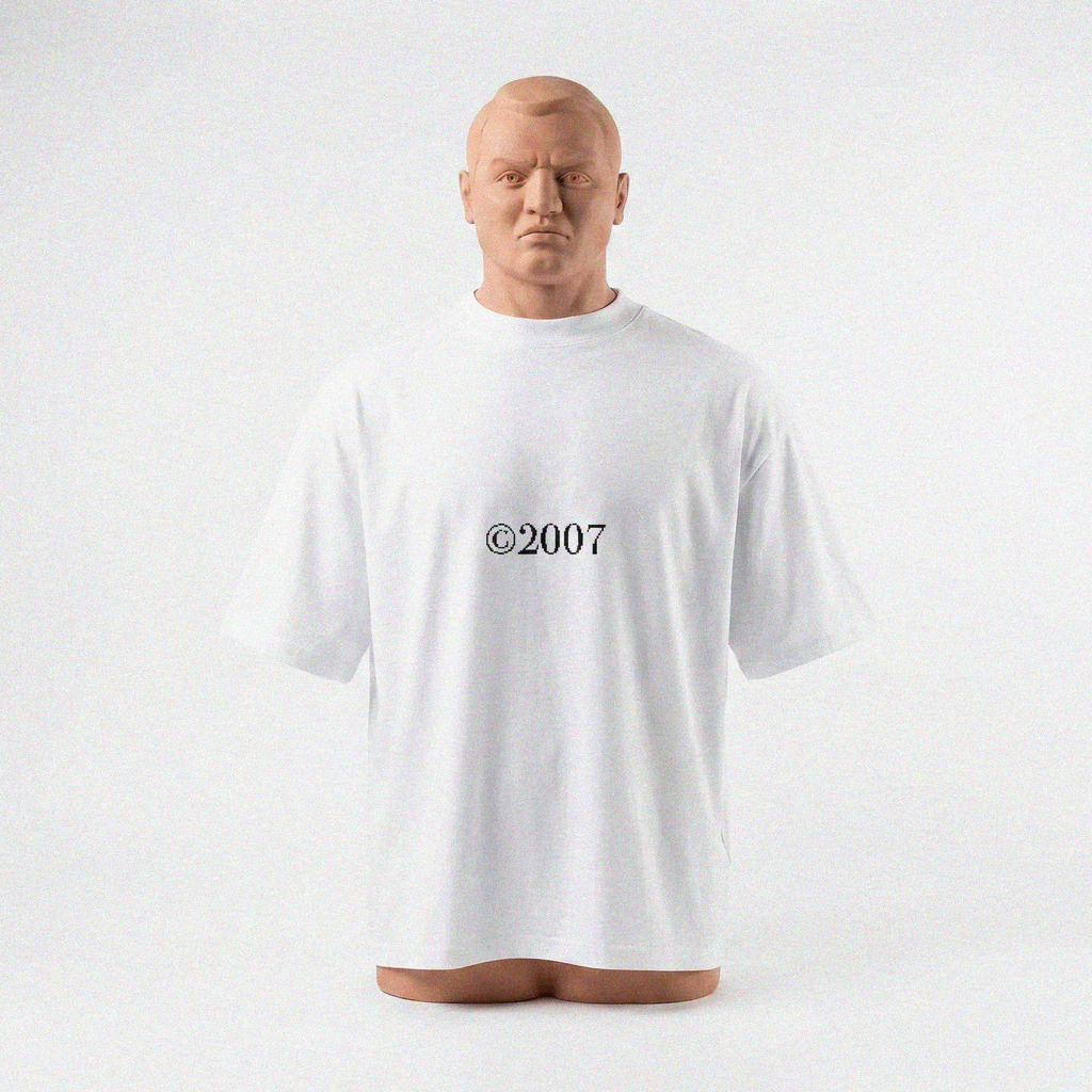 Male mannequin wearing a white t-shirt with a logo that reads: "@2007" text on a white background
