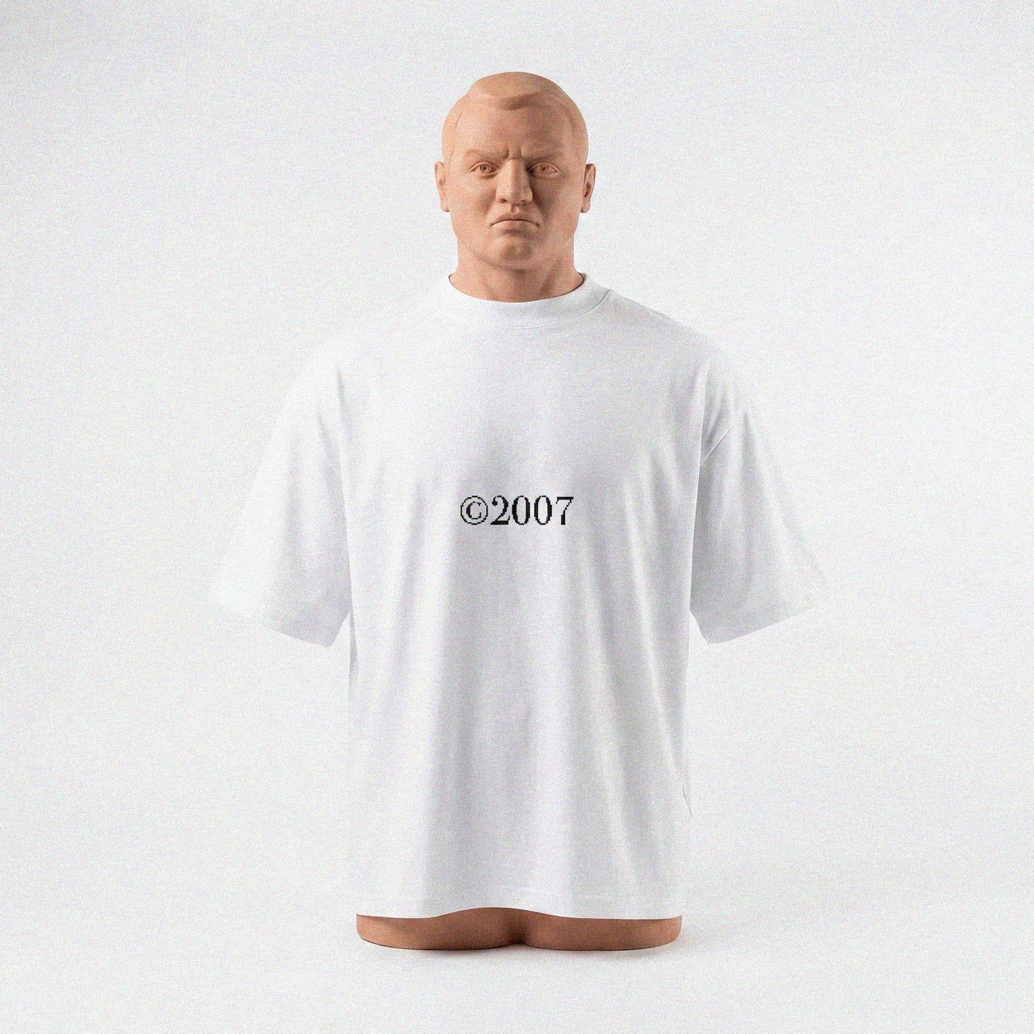 Male mannequin wearing a white t-shirt with a logo that reads: "@2007" text on a white background
