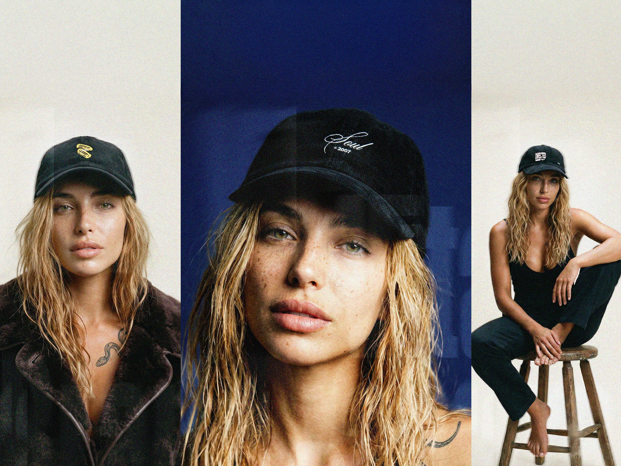 A beautiful blonde woman wearing three different black caps, each has different logos, 1st one with two yellow bullet casings, 2nd one has a text logo that reads: "SOUL", and the 3rd one with also a text logo that reads: "DIRECTED BY"
