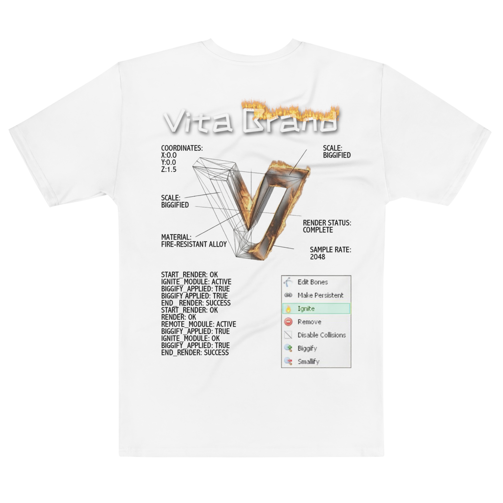 White t-shirt with some sort of  technical diagram of the letter v as it burns and a burning "Vita Brand" text on a white background