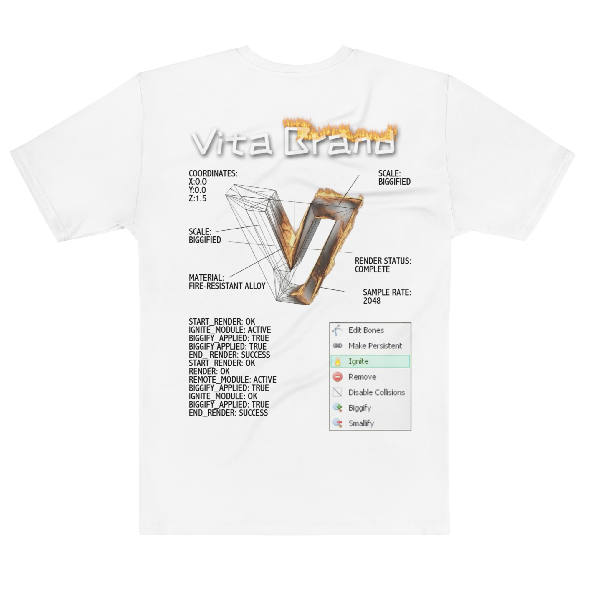 White t-shirt with some sort of  technical diagram of the letter v as it burns and a burning "Vita Brand" text on a white background