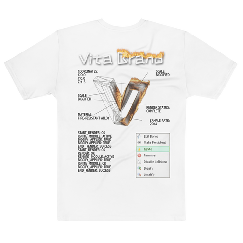 White t-shirt with some sort of  technical diagram of the letter v as it burns and a burning "Vita Brand" text on a white background