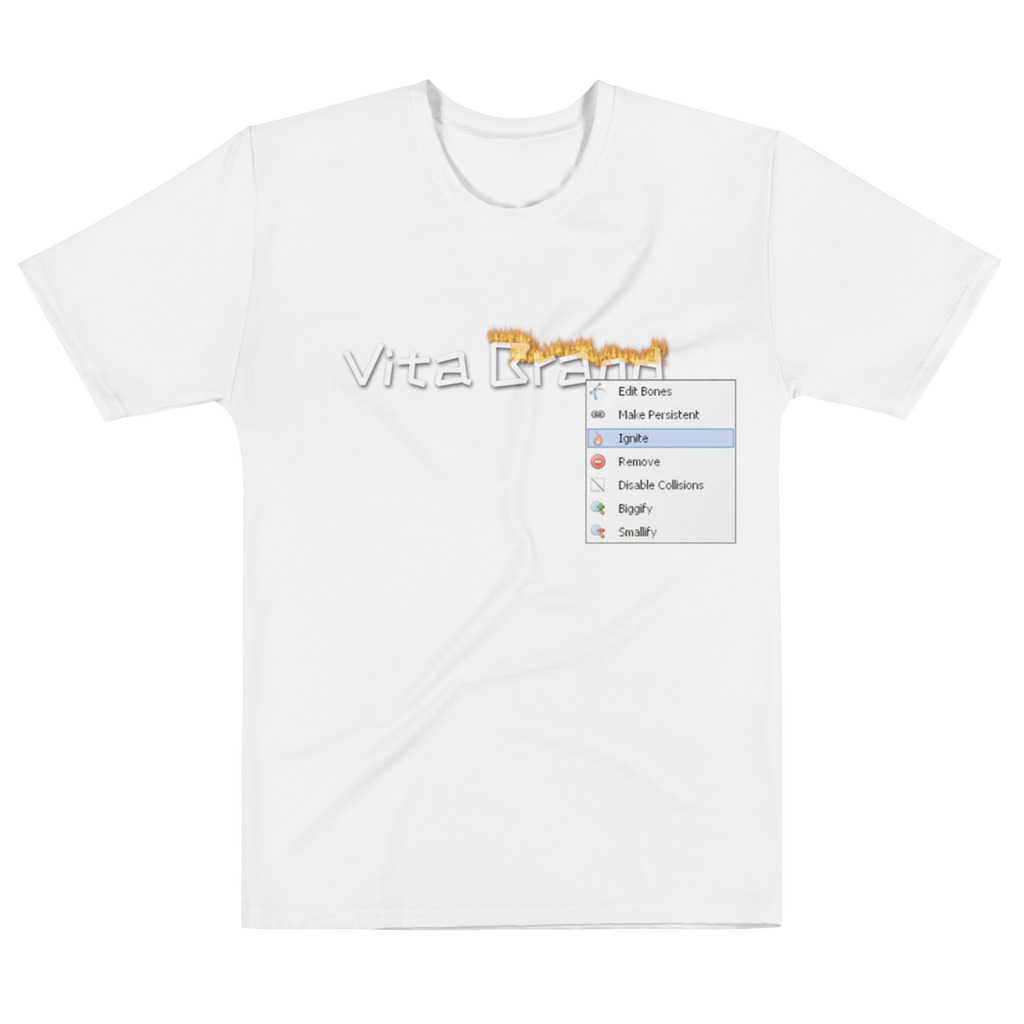 White t-shirt with a graphic design on a white background a burning "Vita Brand"