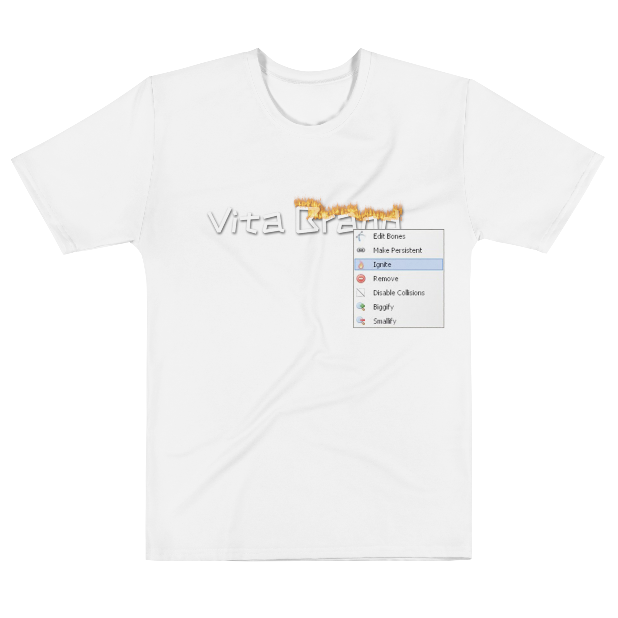 White t-shirt with a graphic design on a white background a burning "Vita Brand"