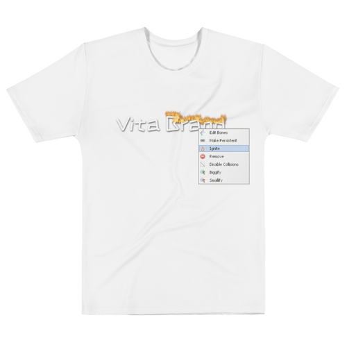 White t-shirt with a graphic design on a white background a burning "Vita Brand"