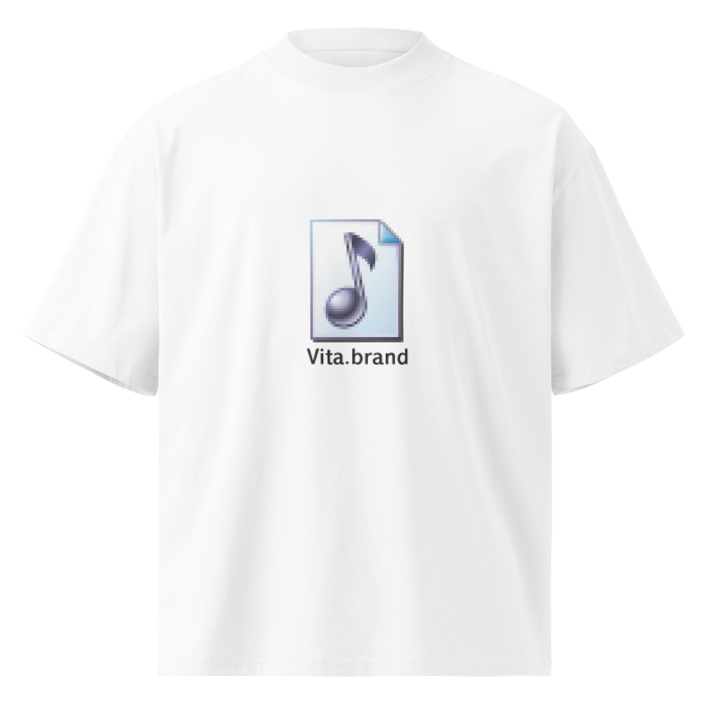White t-shirt with a logo that reads: "Vita.brand" and a music logo on a white background
