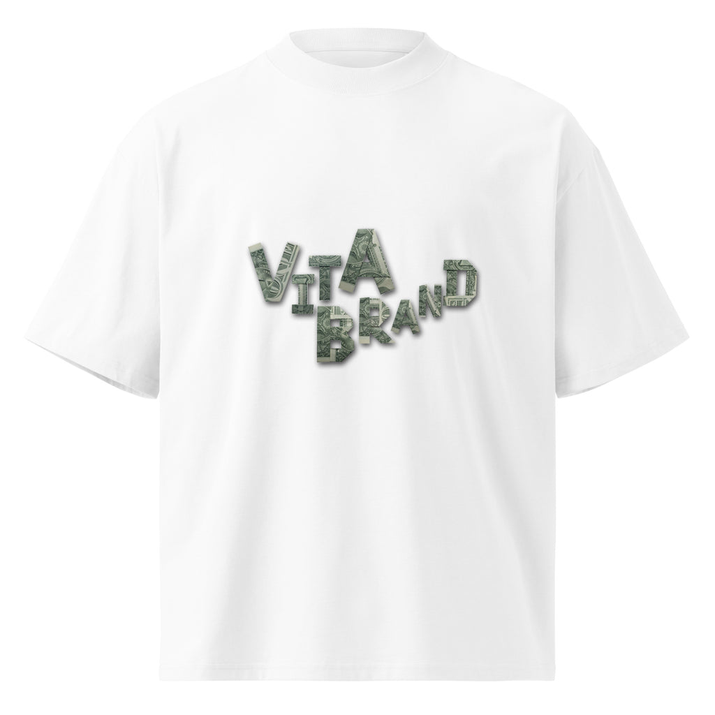 White t-shirt with a text logo that reads: "Vita Brand" written with real folded money origami art papers on a white background