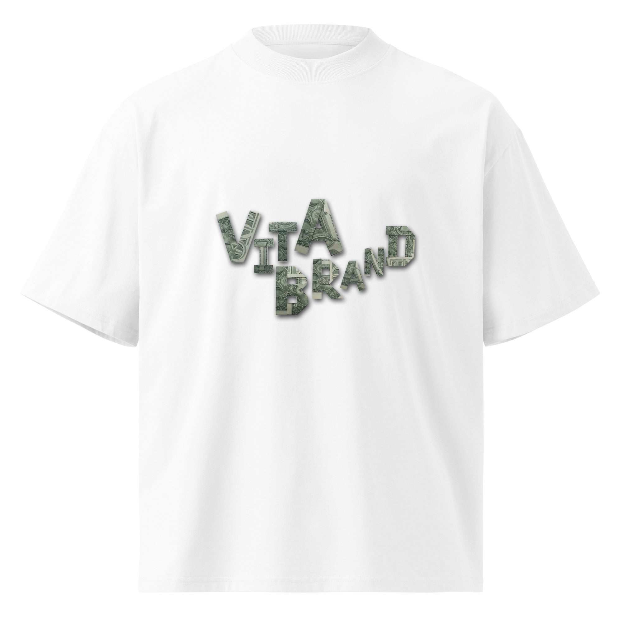 White t-shirt with a text logo that reads: "Vita Brand" written with real folded money origami art papers on a white background